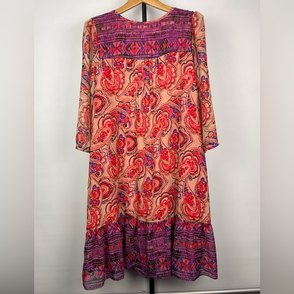 Rabbit Design Tan Purple‎ Red Paisley Boho 3/4 Sleeve Babydoll Mini Dress - Picture 7 of 7
